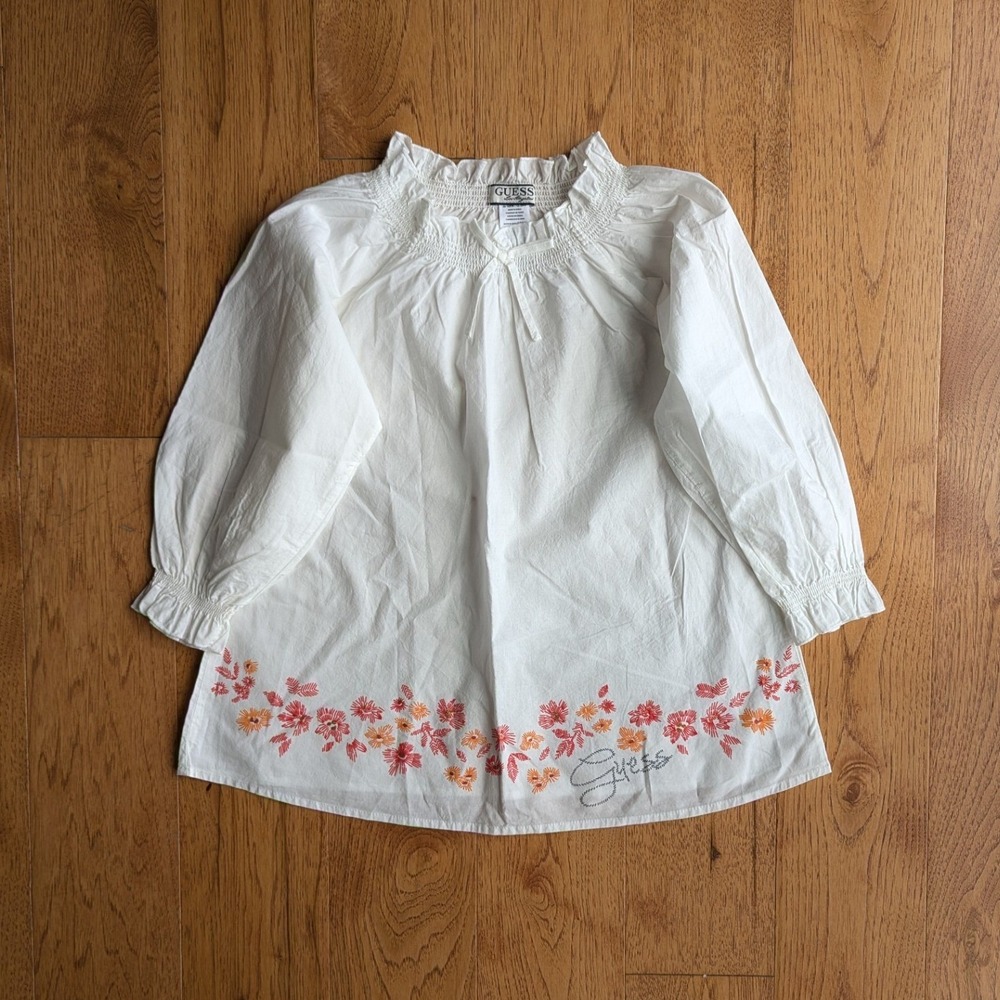 Guess Blouse White Floral Print Logo Spell Out Smocked Peasant Top Girls  L /14